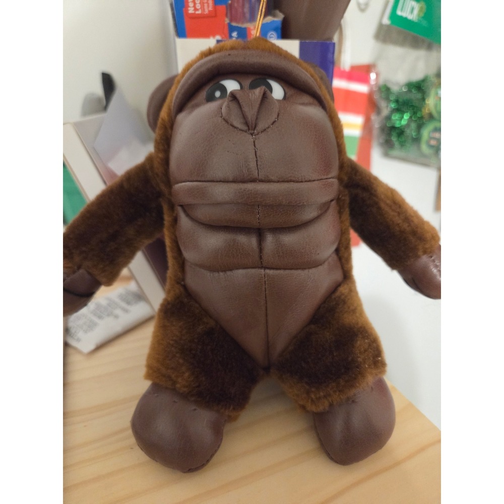 Vintage Mixed Media Gorilla Plush Faux Leather Brown Stuffed Animal Ornament